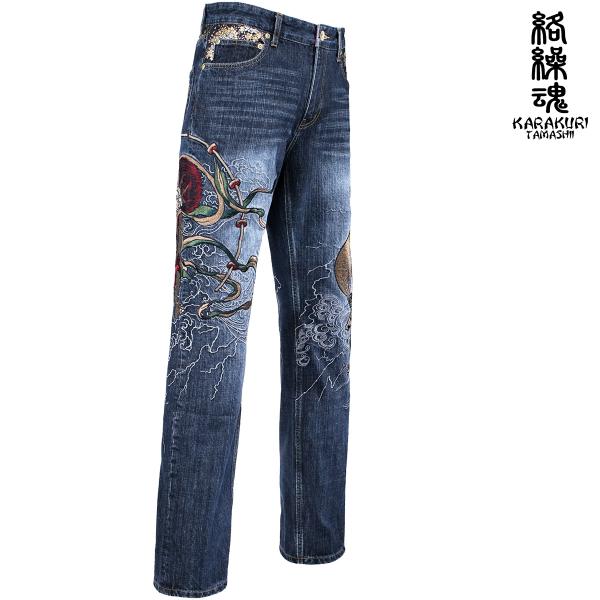 絡繰魂 粋 デニム 風神雷神 mens 和柄 総刺繍 ロングパンツ メンズ