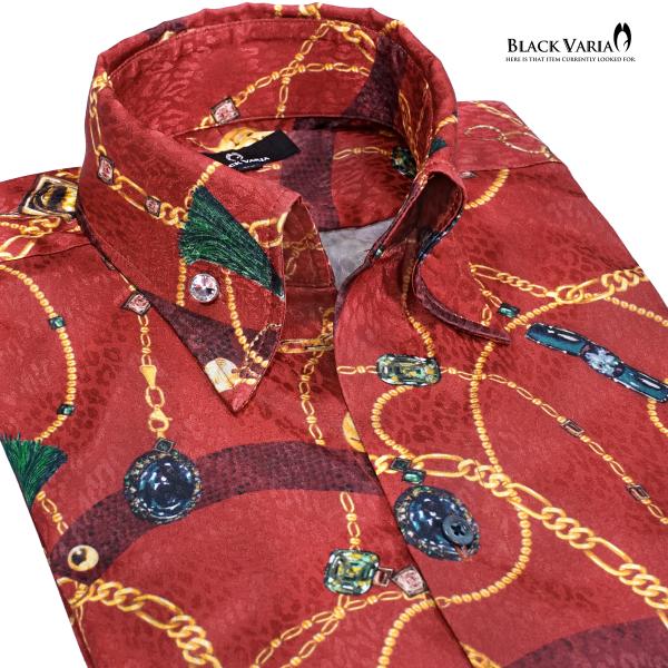 BLACK VARIA サテンシャツ ドレスシャツ スキッパー チェーン柄 宝石 鎖 ジャガード ボタンダウン 日本製 メンズ(ホワイト白) 251106 BLACK VARIA（ブラックバリア） サテンシャツ ドレスシャツ スキッパー