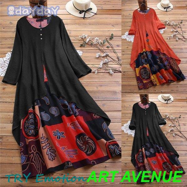 ロングワンピース レディース ワンピ ロング丈 綿麻混 花柄 長袖  