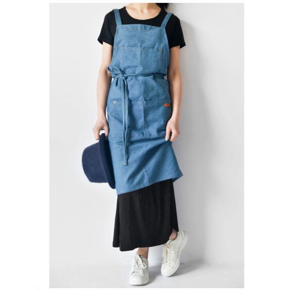 デニムエプロン カフェ風 男女兼用 タスキ紐タイプ  作業着 作業服 ユニホーム シンプル 家庭用 作業用 仕事用