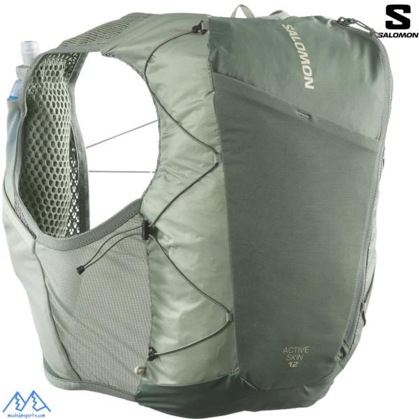 サロモン ランニングベスト フラスク付 バックパック SALOMON ACTIVE SKIN 12 グリーン アクティブスキン12 ランニングバッグ トレラン LC2177600