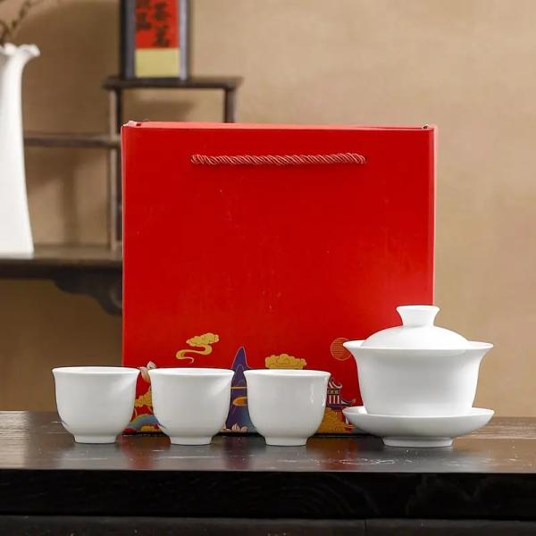 中国茶 茶器 蓋碗 ガイワン 茶杯3個セット 白色 シンプル 本格 白磁
