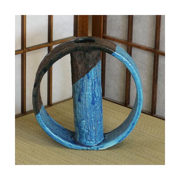 信楽焼 花器 青釉 ロール型 自由花 陶器 花瓶 生け花 和風 華道 池坊 生花用 手作 フラワーベース 信楽焼き 在庫数限り あすつく(F-45b)