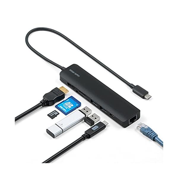 サンワダイレクト ドッキングステーション Type C 7-in-1 PD 100W対応 HDMI (4K/60Hz) LAN 1Gbps対応