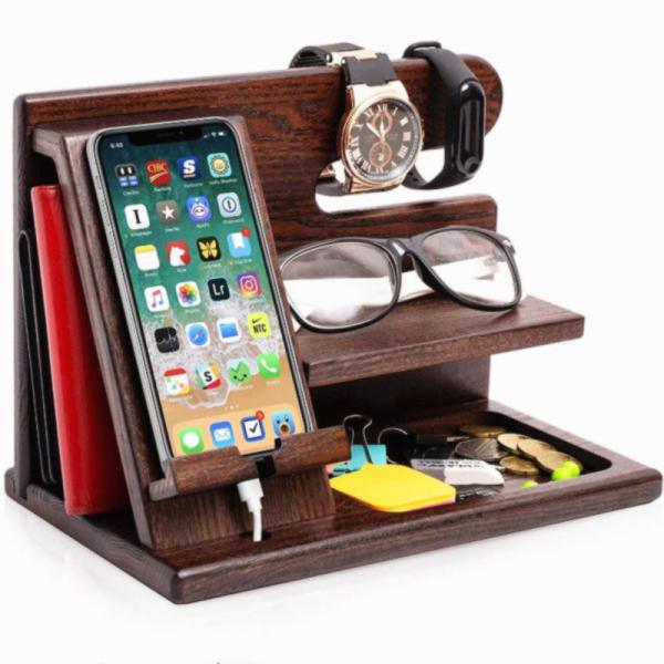 iPhone スマホ 充電スタンド 木製 小物置き おしゃれ 卓上収納 アイフォン メガネ 腕時計 掛け 小銭置き