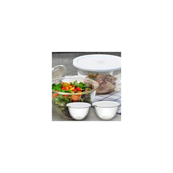 【納期2月上旬】 電子レンジ フタ付き 耐熱ガラス製 ボウル 2個セット MXPF3506W       メイドインジャパンの耐熱ガラス製ボウル2個セットに電子レンジでも使えるフタが付いた商品です。