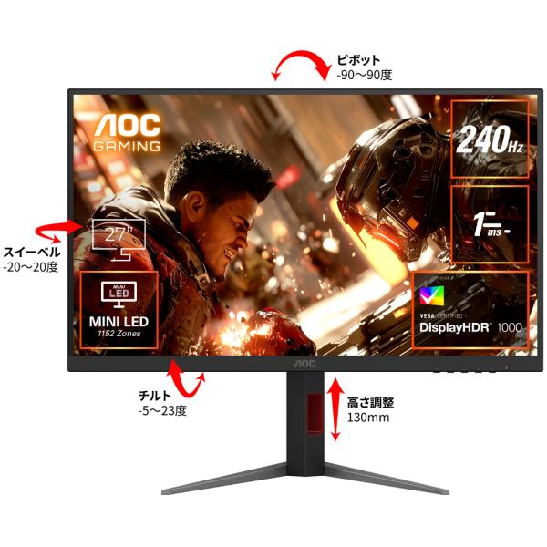 AOC VAパネル採用 WQHD対応27型液晶ディスプレイ ゲーミング MiniLED
