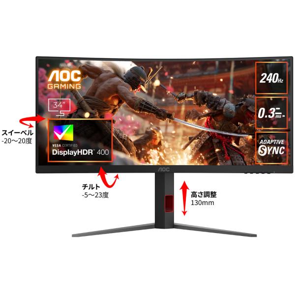 AOC VAパネル採用 UWQHD対応34型液晶ディスプレイ ゲーミング 湾曲