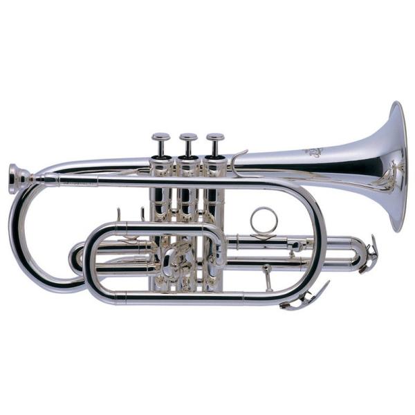 ■ 調子 ＝ B♭■ マウスパイプ ＝ レッドブラス製■ ベル ＝ イエローブラス2枚取り、約120ｍｍ■ 仕上げ ＝ 銀メッキ■ ボアサイズ = 約11.70ｍｍ■ ピストン ＝ ステンレス製■ セット内容 ＝ セミハードケース、マウスピース