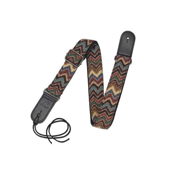 レトロな刺繍が施されたギター用ストラップ。アコースティックギターなどのボディ側にストラップピンの無いウクレレにも使える様、エンドピンが付属。ネック側はストラップで固定。