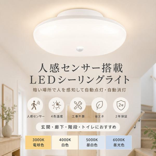 最安値！人感センサーライト 2026モデル 赤線センサーライト 薄型 シーリングライト LED照明 工事不要 玄関照明 防犯ライト 自動点灯 自動消灯 4畳 6畳 廊下