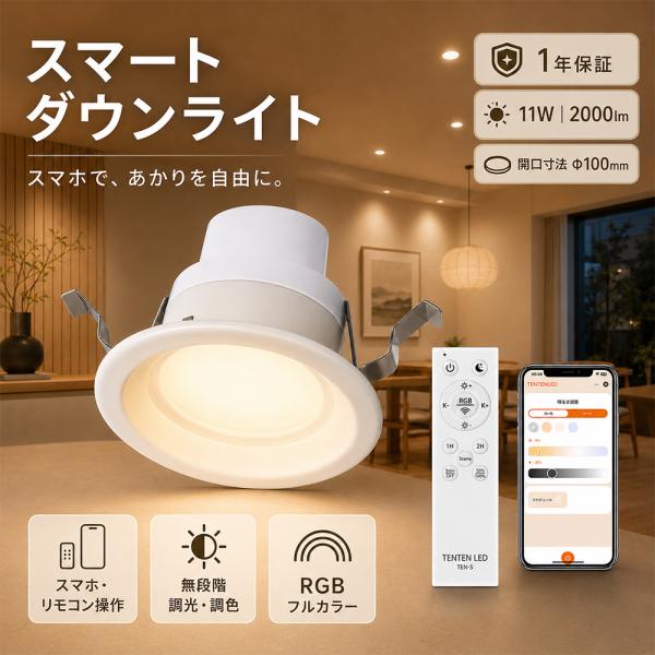 LEDダウンライト 2000lm 11W φ100mm 埋込型 スポットライト スマート照明 RGB調光調色 広配光 アプリ・リモコン操作 常夜灯 キッチンライト 店舗照明 1年保証