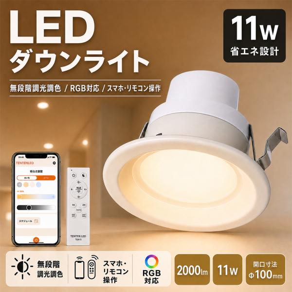 スマートダウンライト LEDダウンライト 開口径φ100mm 2200lm 薄型 埋込型 LED一体型 無段階調光調色 RGB照明 2WAY操作 リモコン付き アプリ対応 常夜灯 1年保証