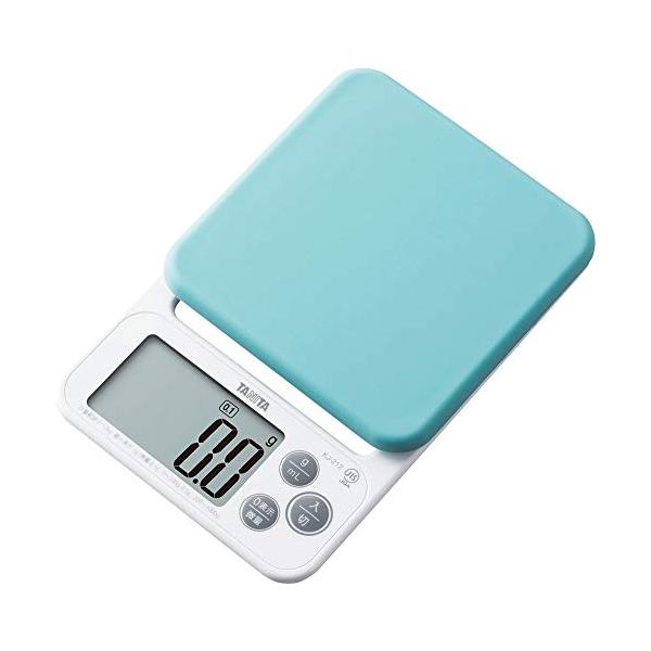 タニタTanita クッキングスケール 取って洗えるシリコンカバー付き 0.1g単位で2kgまで計れる 収納に便利なフック穴付き デジタル はかり ブルー KJ-2