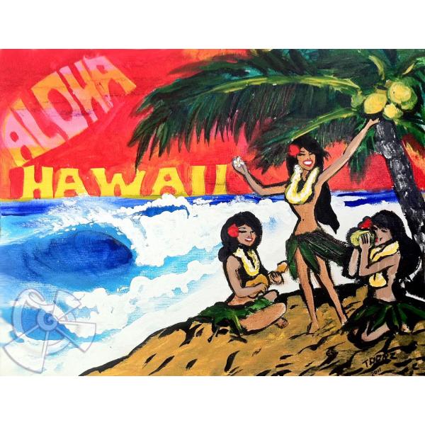 ハワイのサーフアート絵画　Aloha Hula Girls （8