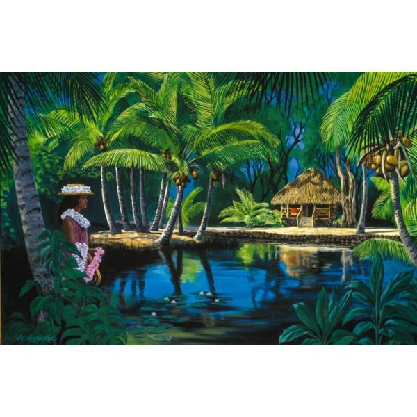 ハワイのジクレー版画アートプリント Tahitian Hut and Lei Girl (タヒチアン・ハット ＆ レイ・ガール) by ハーブ・カネ（Herb Kane）