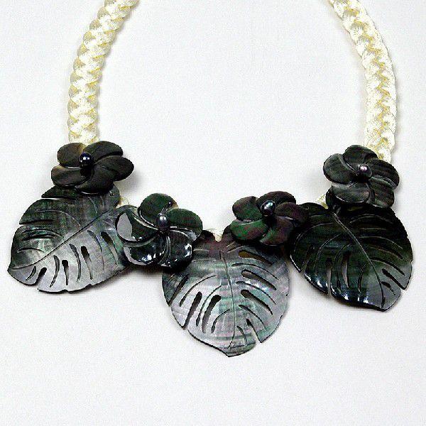 【フラダンス／シェルネックレス・チョーカー】シェル・ネックレス【3モンステラ＆4プルメリア/ブラック×ホワイト】