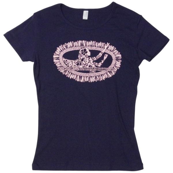 フラダンス Tシャツ レディース 半袖 ホワイトジンジャー柄 紺地 ピンク プリント フィット 美シルエット レッスン着 ハワイアン フラTシャツ
