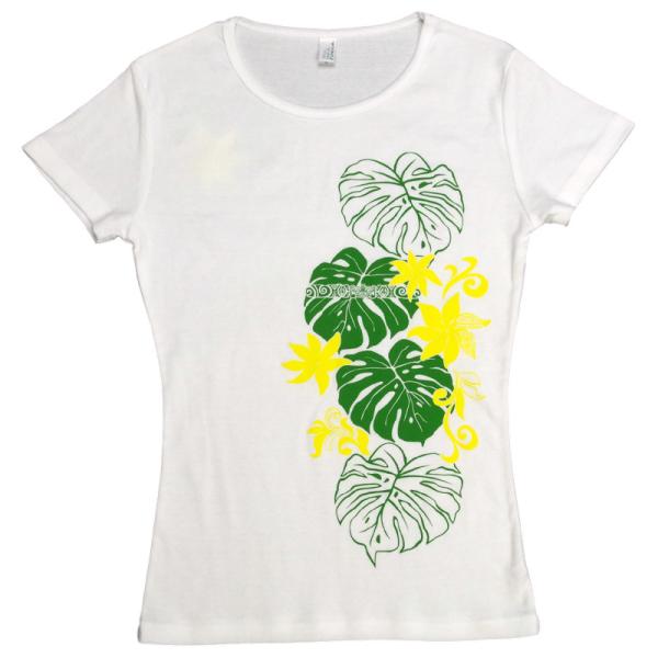 フラダンス Tシャツ レディース 半袖 タヒチアンモンステラ柄 白地 緑 黄色 プリント フィット 美シルエット レッスン着 ハワイアン フラTシャツ