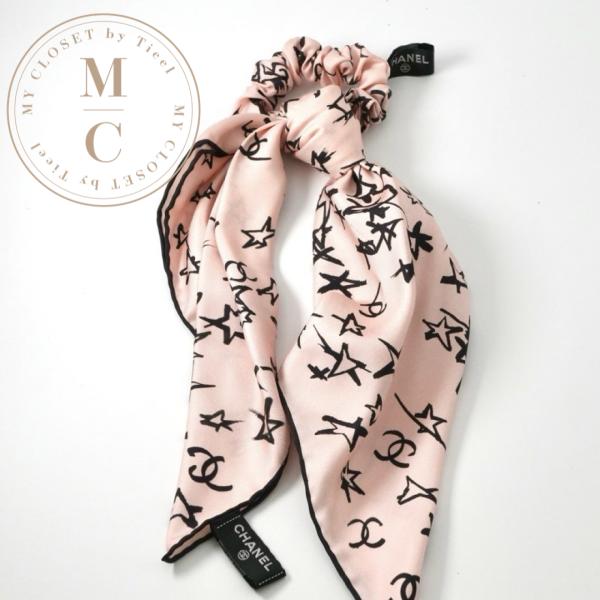 シャネル CHANEL ヘアアクセサリー ピンク ブラック ココマーク リボン スカーフ シュシュ ヘアゴム CHANEL（シャネル） ヘアアクセサリー ピンク ブラック ココマーク