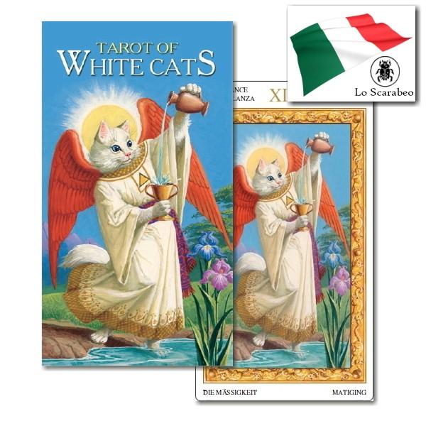 　タロットカードの中でも白猫が主人公として描かれたホワイトキャッツタロットカードです。カードは大アルカナ22枚と小アルカナ56枚の計78枚で、標準的なマルセイユ版のタロットカードです。カードの周囲には英伊西仏独の5ヶ国語で名称が記されており...