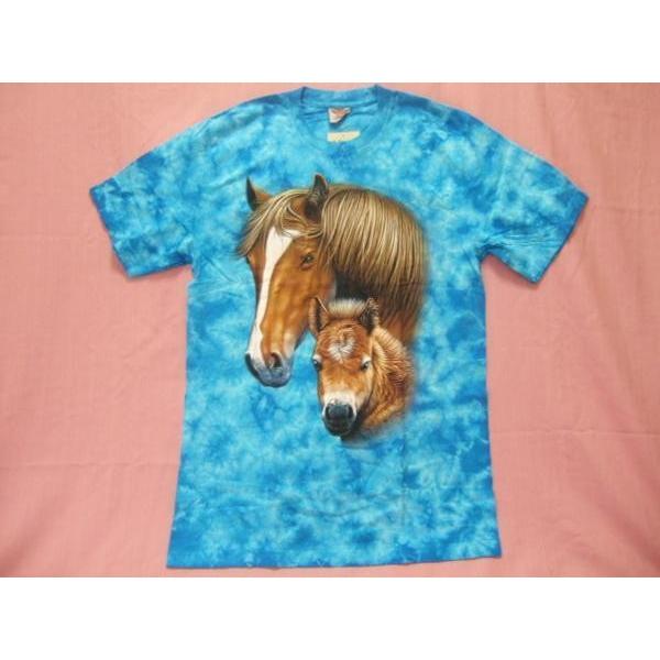横浜最新 素敵な親子の馬♪魅惑のTシャツ 絞り柄ブルー M, 送料無料40aシ