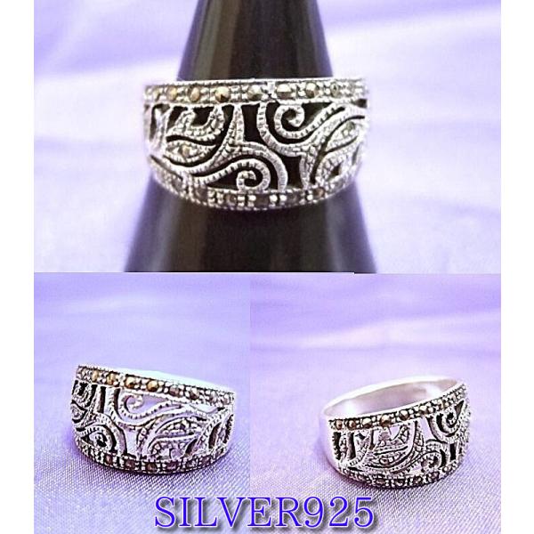 横浜最新 訳ありシルバー925SILVER♪魅惑の銀マーカサイト透かしリング17号 巾10ミリ 3.7g メンズレディース送料無料hei98