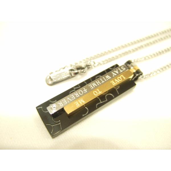 横浜最新 魅惑のLOVE TO ME STAY WITHME FOREVER♪ブラックに金銀ツートンステンレスペンダント＆ステンレスチェーン50cm 送料220円24