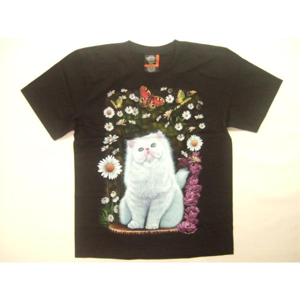 横浜最新 可愛い白猫ちゃんと花と蝶♪魅惑のTシャツ黒 M, L 送料無料　syo25