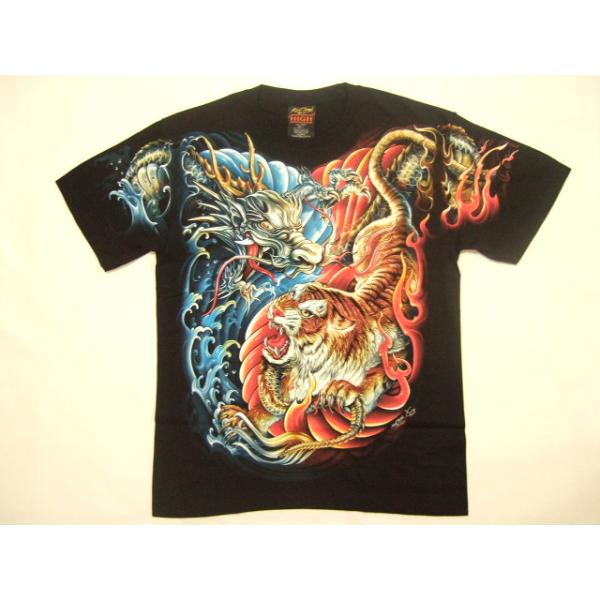 横浜最新 夜光 龍虎陰陽♪魅惑のＴシャツDragon and Tiger 前後違い柄 M, XL 送料無料10(サイズを必ずお知らせ下さい)