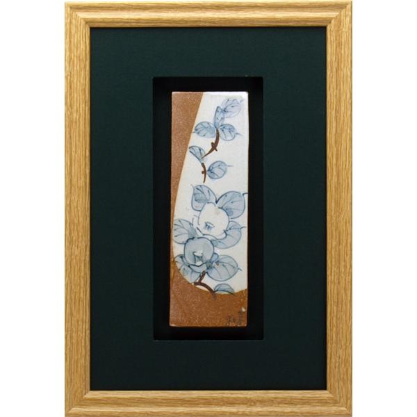 赤い花絵画陶板小型額縁つき