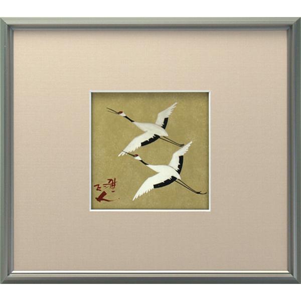 九谷焼 谷敷正人作 陶額 金彩双鶴 壁飾り 陶額 陶板画 額縁 絵画 陶板 
