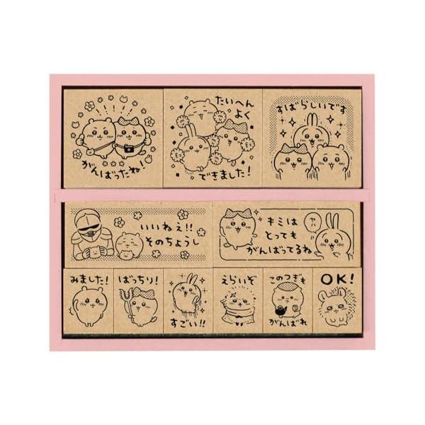 【商品概要】ちいかわのメッセージ付きスタンプが11個も入ったセット。3種類のサイズです。側面にプリント入りの木製収納BOXに入ったスタンプ。持っているだけでも楽しめます。【捺印サイズ・入数】30×30mm/3個、20×45mm/2個、20×...