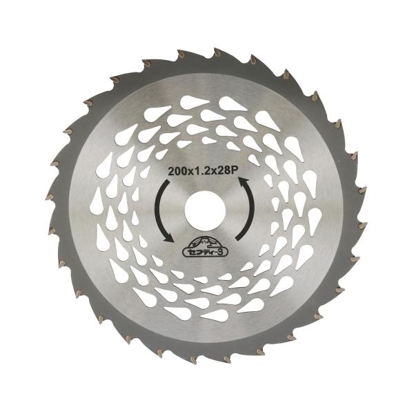 【商品概要】特徴:薄刃設計・流線形穴あけ加工・特殊電着塗装で空気抵抗を従来品よりも大幅に削減し、稼働時間をアップ仕様:AC・充電刈払機用、20-25.4変換パーツ付サイズ:200mm刃数:28材質:S50C【商品説明】【商品詳細】ブランド：...