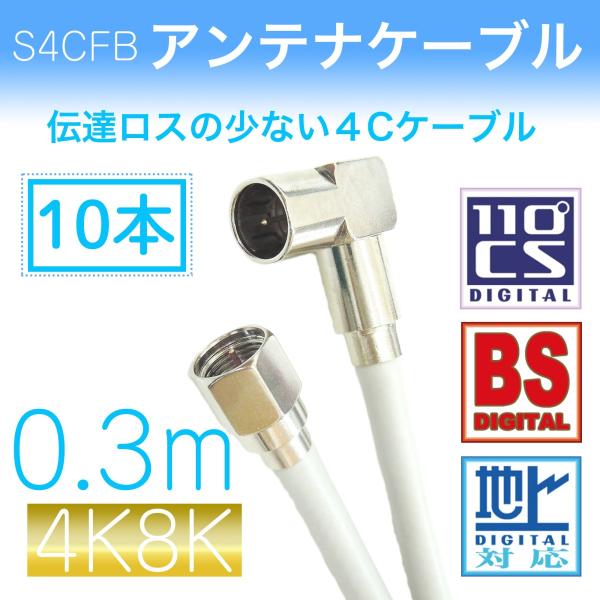 アンテナケーブル　L型プッシュ×F型接栓付き ライトグレー【０.３ｍ ×１０本セット】