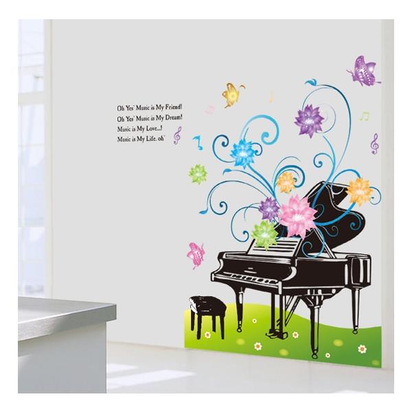 ウォールステッカー グランドピアノ 花と蝶 壁シール はがせる 音符 英文字 音楽 メロディー 郵便送料無料 :MJ9501:NM 通販  