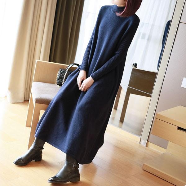 ワンピース レディース Aライン ニットワンピ フレア 40代 ハイネック ロング丈 リブ コーデ おしゃれ 秋冬 長袖 C Aultop 307 N Mart 通販 Yahoo ショッピング