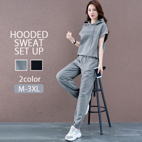 スウェット セットアップ レディース 半袖 上下セット フード付き 部屋着 フロントロゴ 楽ちん トップス ボトムス 宅配便送料別 C Lset 027 N Mart 通販 Yahoo ショッピング