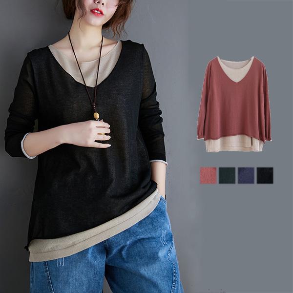 カットソー レディース Tシャツ トップス レイヤード風 Vネック 長袖