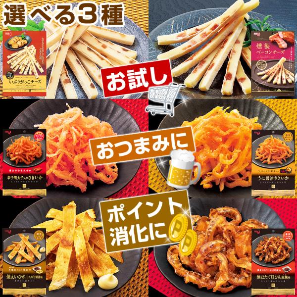 濃厚 おつまみ 選べる3パック いぶりがっこチーズ 辛子明太子入りさきいか うに醤油さきいか 焼えいひれこんがり醤油