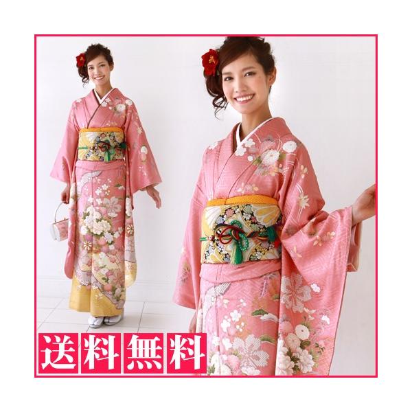 振袖レンタル 成人式20点フルセット 「ピンク 桜 菊 牡丹 鹿の子」成人
