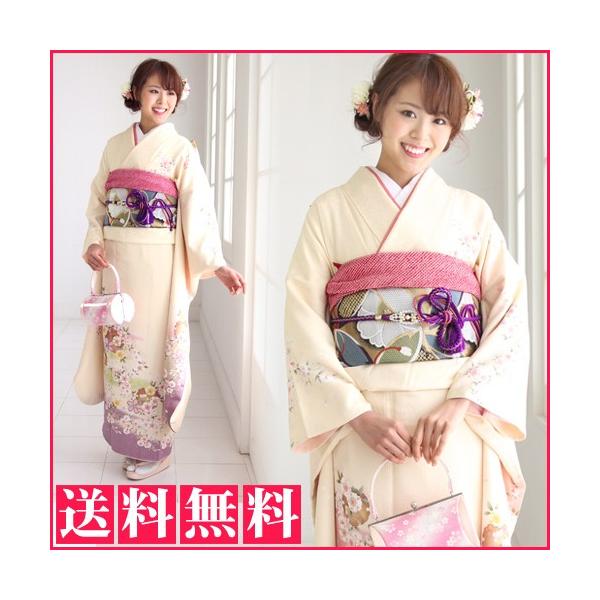 振袖レンタル 成人式20点フルセット 「クリーム色 桜 鹿の子 雪輪