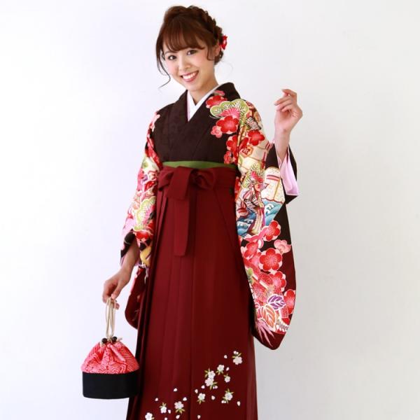 袴 レンタル 卒業式 大学 女 袴セット 卒業式 袴セット2尺袖着物＆袴 フルセットレンタル　こげ茶色地に御所車と扇 松 竹 梅 桜 綸子