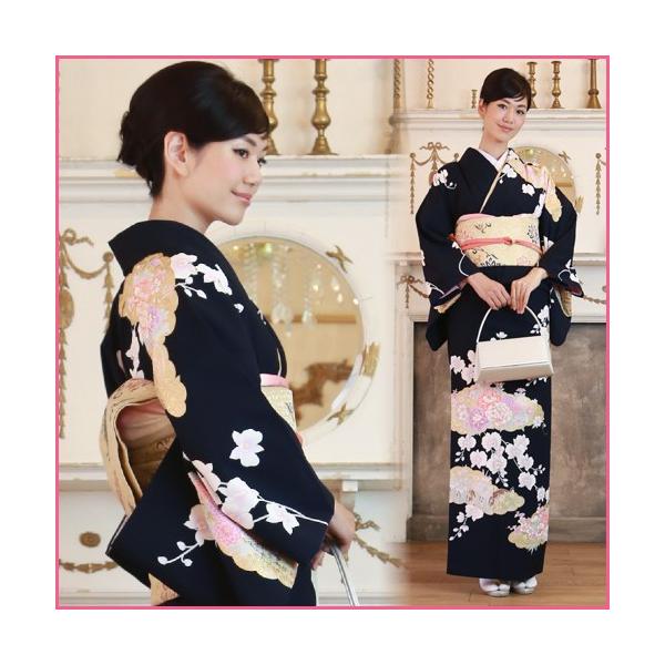 訪問着 レンタル 19点フルコーディネートレンタルセット「濃紺地に金の雲取りと花」結婚式 入学式 七五三