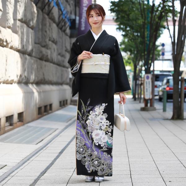 【コロ 美品 幅広】黒留袖襦袢セット正絹 花柄 中古】 黒留袖 落款 長襦袢付 レディース 正絹 黒 地紙文 2点