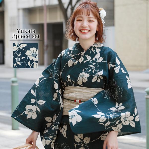 【ラスト２枚】✿新品未使用　綿麻浴衣　高級浴衣　人気浴衣　夏着物　紺色　藍色 浴衣 セット レトロ 高級変わり織り綿麻浴衣3点セット「藍色地に椿と