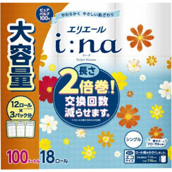 大王製紙 エリエール イーナ トイレットティシュー2倍巻き 18ロール シングル 幅110mm×長さ100m