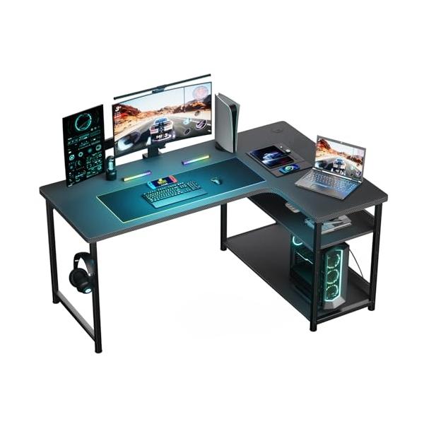 他サイト： GTRACING ゲーミングデスク パソコンデスク L字 カーボン調 ラック付き モニターアーム対応 棚高さ調節可能 配線穴付き 右棚 50奥行の商品画像