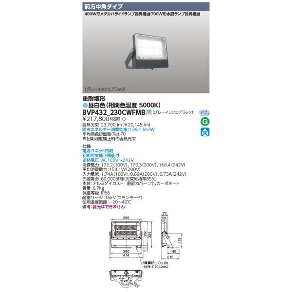 BVP432-230CWFMB 東芝 LED小型投光器 重耐塩形 前方中角 昼白色 BVP432-230CWFMB 東芝 LED小型投光器 重耐塩形 前方中角 昼白色