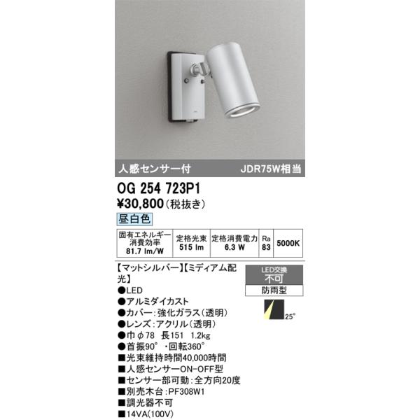 【掘り出しモノ】OG254723P1 オーデリック 人感センサー付 屋外用LEDスポットライト 昼白色【他店舗併売品】